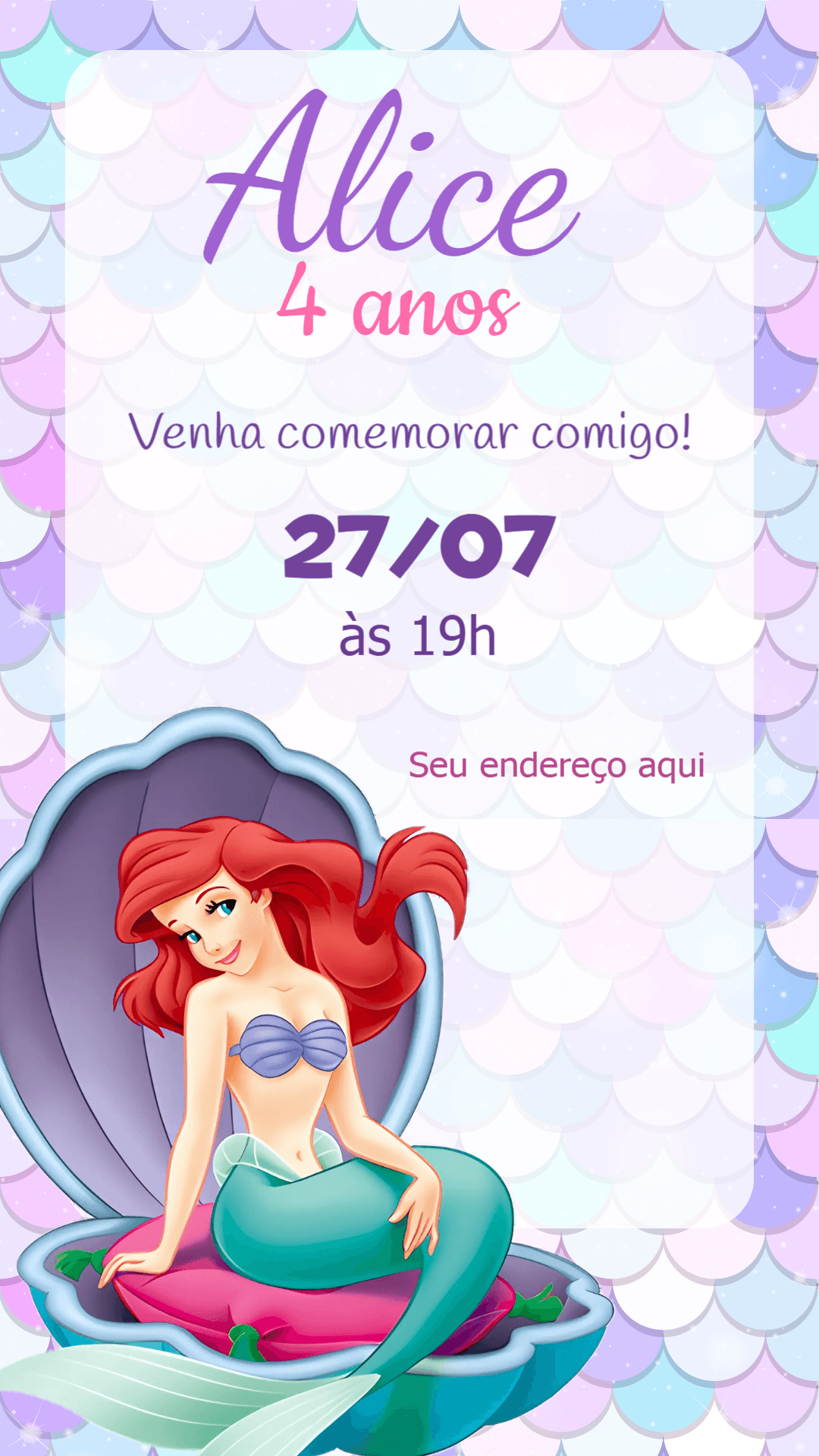 Convite de Aniversário Pequena Sereia Ariel para Editar Online