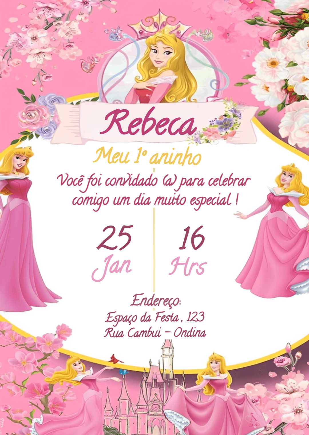 Convite de Aniversário Princesa Aurora Rosa para Editar Online