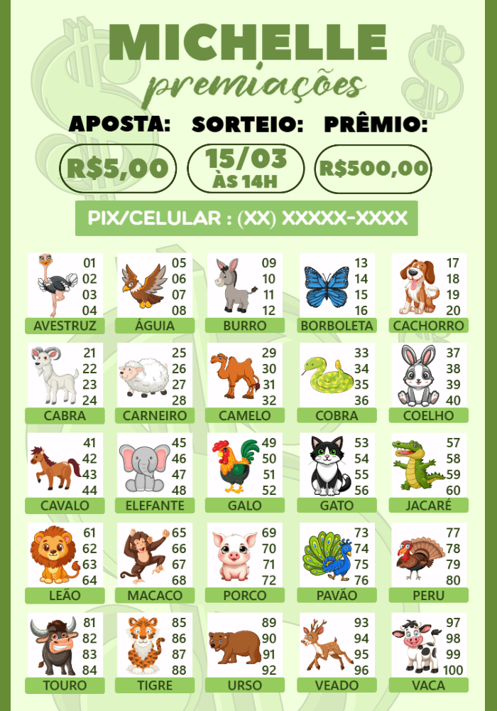 Rifa Jogo do Bicho com Animais Cartela Editável para Sorteio