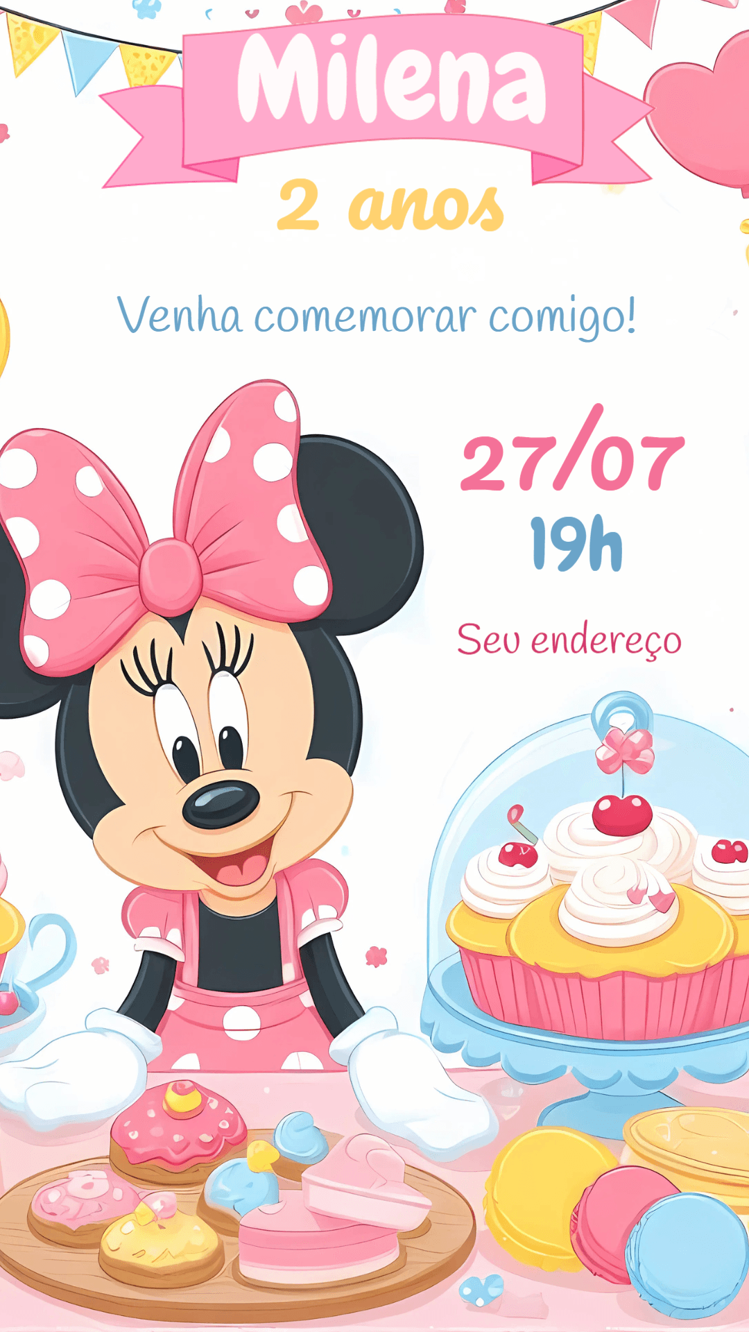 Convite Aniversário Minnie Confeiteira Rosa para Editar Online