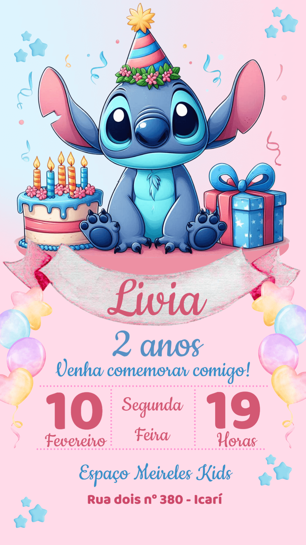 Convite de Aniversário Stitch Fofo e Colorido para Editar