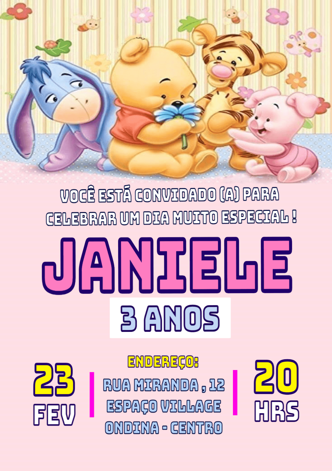 Convite Aniversário Ursinho Pooh Baby para Editar Online