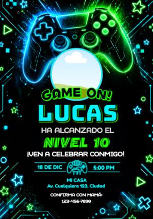 Invitación de Cumpleaños Gamer Neón para Editar