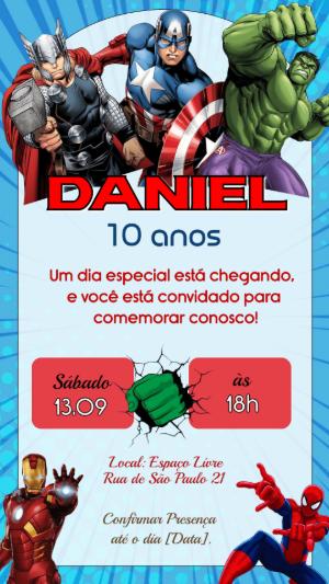Convite de Aniversário Vingadores Editável | Heróis Marvel