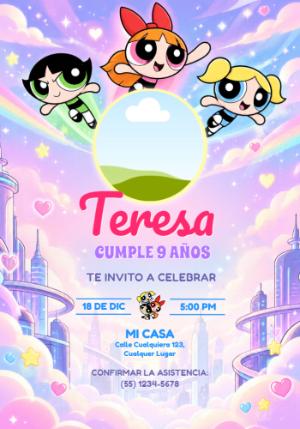 Invitación de Cumpleaños Las Chicas Superpoderosas con Foto Editable
