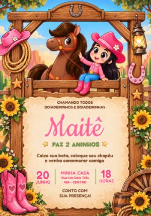 Convite de Aniversário Boiadeirinha Editável para Menina