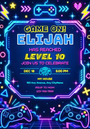 Editable Gamer Birthday Invitation | Neon Game On Template