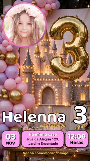Convite de Aniversário 3 Anos Princesa com Foto Editável