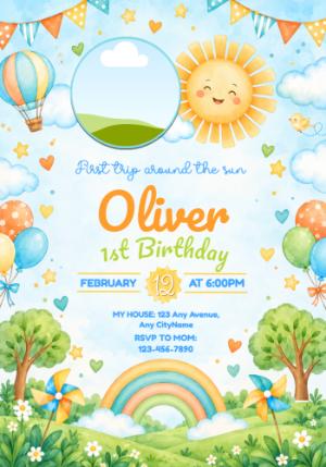 First Trip Around the Sun 1st Birthday Editable Invitation