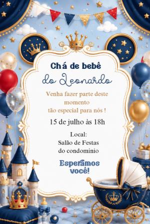 Convite Editável Chá de Bebê Príncipe Realeza Azul e Dourado