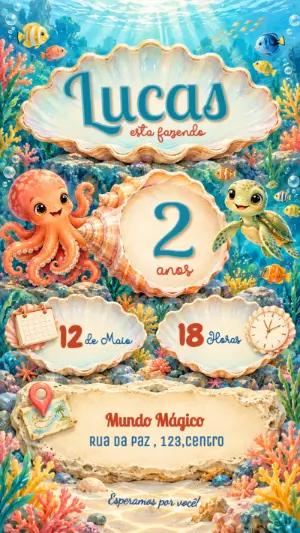 Convite de Aniversário Fundo do Mar com Polvo e Tartaruga para Editar