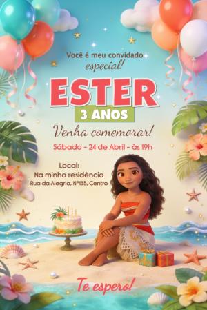 Convite de Aniversário Moana Tropical | Modelo Editável