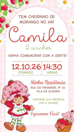 Convite de Aniversário Moranguinho Editável para Meninas