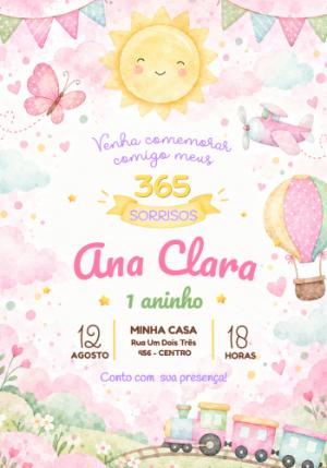 Convite 1º Aninho 365 Sorrisos Primeira Volta ao Sol Editável