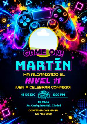 Invitación de Cumpleaños Gamer Neón para Editar