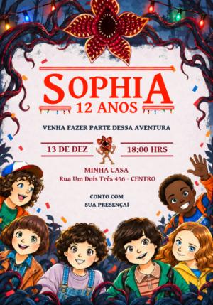 Convite de Aniversário Stranger Things Personagens Desenho Editável