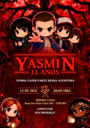 Convite de Aniversário Stranger Things Chibi para Editar Online