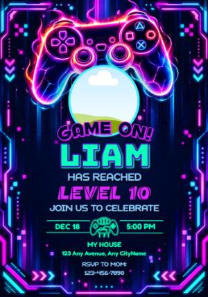 Editable Neon Gamer Birthday Invitation Template
