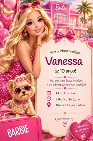 Convite de Aniversário Barbie Editável para Festa de Menina