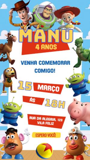 Convite de Aniversário Toy Story Editável com Woody e Buzz