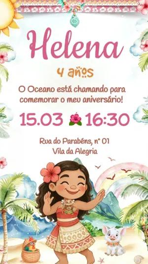 Convite de Aniversário Moana Editável para Festa Infantil
