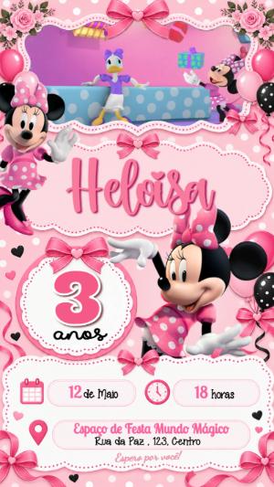 Convite Animado Minnie Rosa para Aniversário de Menina Editável