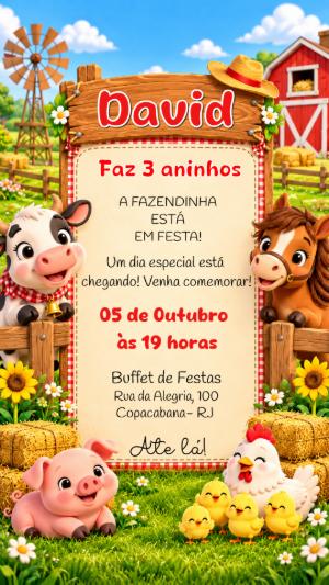 Convite de Aniversário Fazendinha Animais Modelo Editável