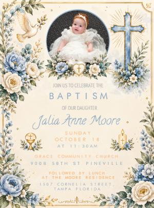 Elegant Girl Baptism Invitation with Photo - Editable Template