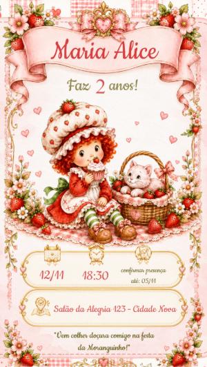 Convite Editável Aniversário Moranguinho Vintage