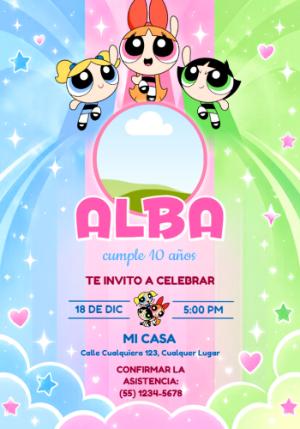 Invitación de Cumpleaños Las Chicas Superpoderosas con Foto Editable