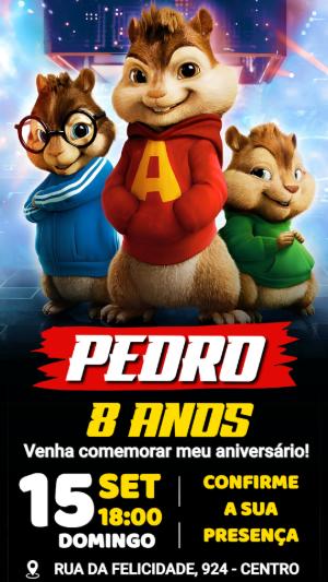 Convite de Aniversário Alvin e os Esquilos Digital para Editar