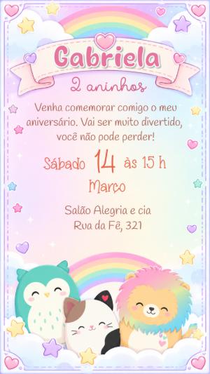 Convite de Aniversário Squishmallows Arco-Íris para Editar