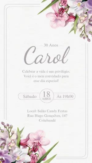 Convite de Aniversário Feminino com Orquídeas Aquarela Editável