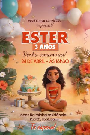 Convite de Aniversário Moana Tropical para Editar