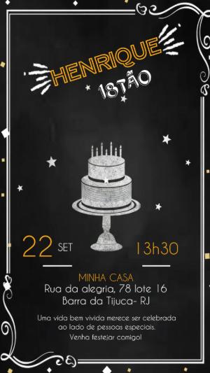 Convite Animado Aniversário Preto e Branco com Bolo para Editar