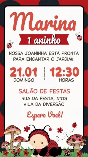 Convite de Aniversário Joaninha Editável para Festa Infantil