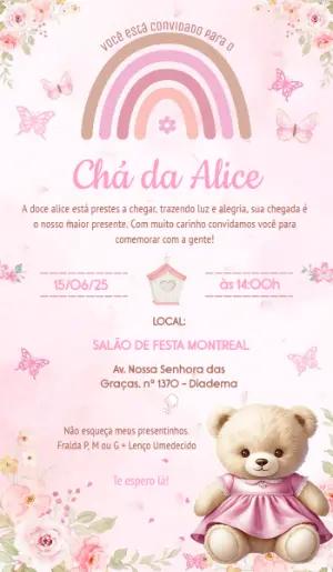 Convite Chá de Bebê Ursinha e Arco-íris Rosa Editável