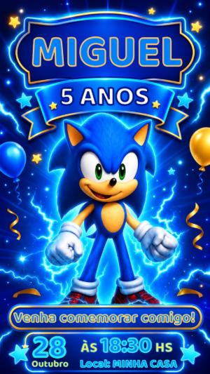 Convite de Aniversário Sonic Efeito Neon para Editar