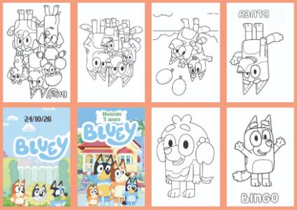 Livrinho de Colorir Bluey e Bingo Editável para Festa Infantil