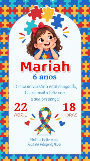 Convite Aniversário Infantil Tema Autismo Menina Editável