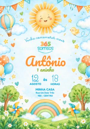 Convite 1º Aninho 365 Sorrisos Primeira Volta ao Sol Editável