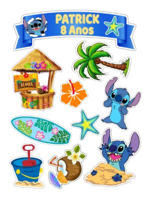 Topper de Bolo Stitch Aniversário Havaiano para Editar Online