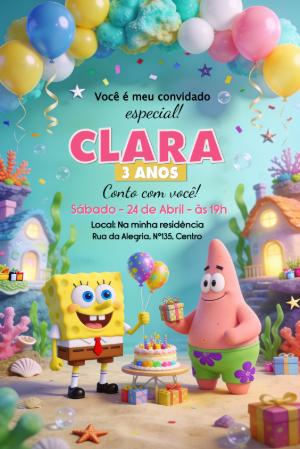 Convite de Aniversário Bob Esponja: Modelo Digital para Editar
