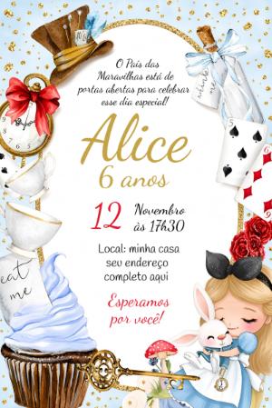 Convite de Aniversário Alice no País das Maravilhas Aquarela Editável