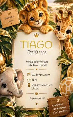 Convite Rei Leão Safari Premium: Modelo de Aniversário Editável