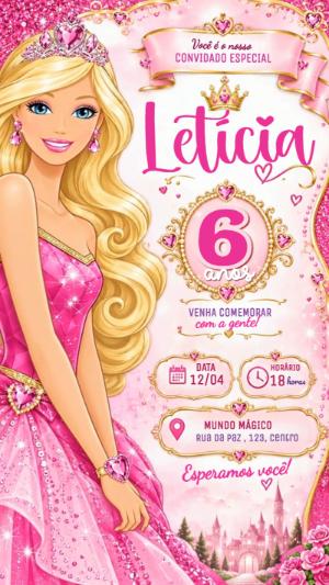 Convite Animado de Aniversário Barbie Princesa Editável
