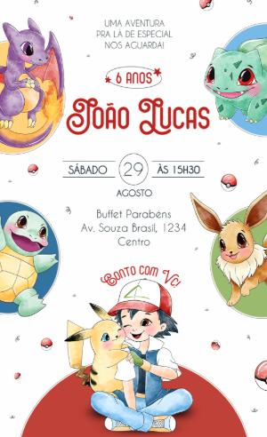 Convite de Aniversário Pokémon Aquarelado para Editar
