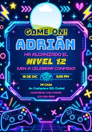 Invitación de Cumpleaños Gamer Estilo Neón para Editar