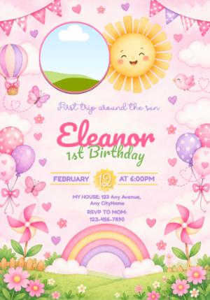 Editable First Trip Around the Sun 1st Birthday Invitation