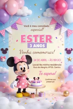 Convite de Aniversário Minnie Rosa Digital para Editar
